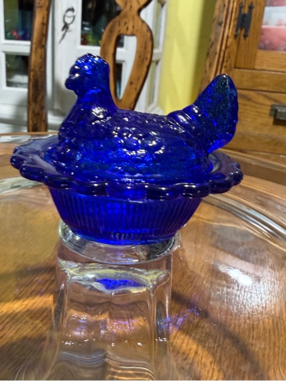 Vintage Mosser cobalt Blue Glass Hen on Nest chick salt dip